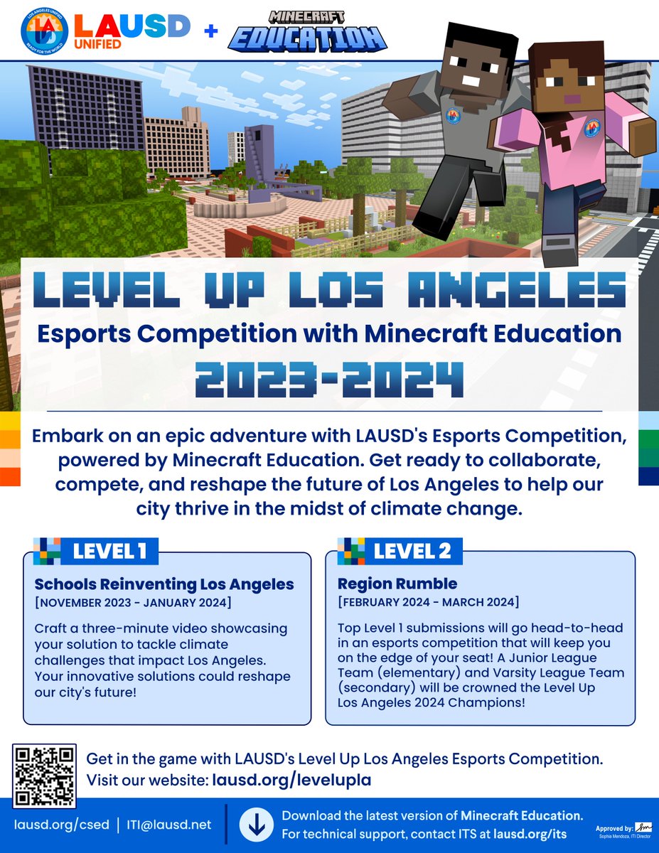 Hey @LASchools, don't forget about the Level Up Los Angeles Esports Competition w/ Minecraft Education that runs through January 2024! Get started now with an introductory presentation & lesson plans for SEL, ELA and Math! #LevelUpLA Details & materials: lausd.org/levelupla