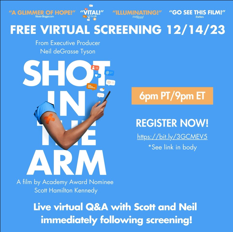 Was Script Consultant on a Documentary about anti-science causes of vaccine hesitancy — and solutions to it SHOT IN THE ARM by Scott Hamilton Kennedy FREE Virtual Screening [92 mins] Thu 12-14-23 6pm PT / 9pm ET Live Q&A with me & Scott follows Register bit.ly/3GCMEV5