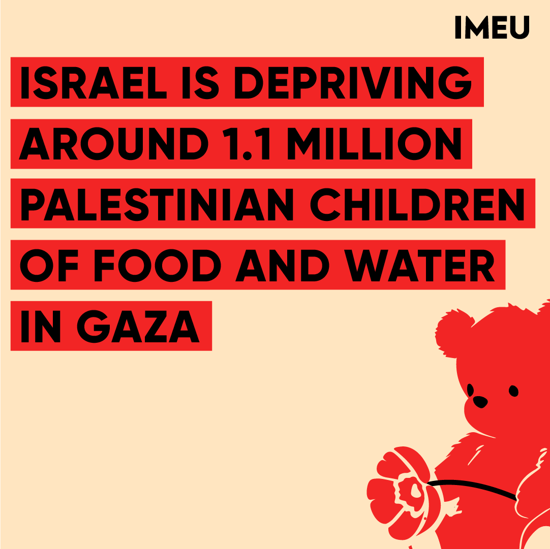 theIMEU's tweet image. For over 9 weeks, Israel has been blocking water, food, fuel, and electricity to Gaza, leaving Palestinian children thirsty, hungry, and terrified. Amidst Israel's relentless bombing, they face increased risk of dying from treatable diseases." #CeasefireNow
