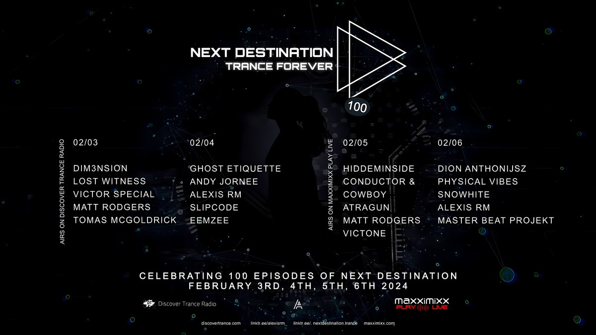 I was invited to play a set within the celebration of 100 aired episodes of the NEXT DESTINATION show. It´s a true honor to me and such a pleasure to join these amazing guys and I wish them hundreds more episodes! 🎵🥳🍾
#Trance #NextDestination #TranceForever