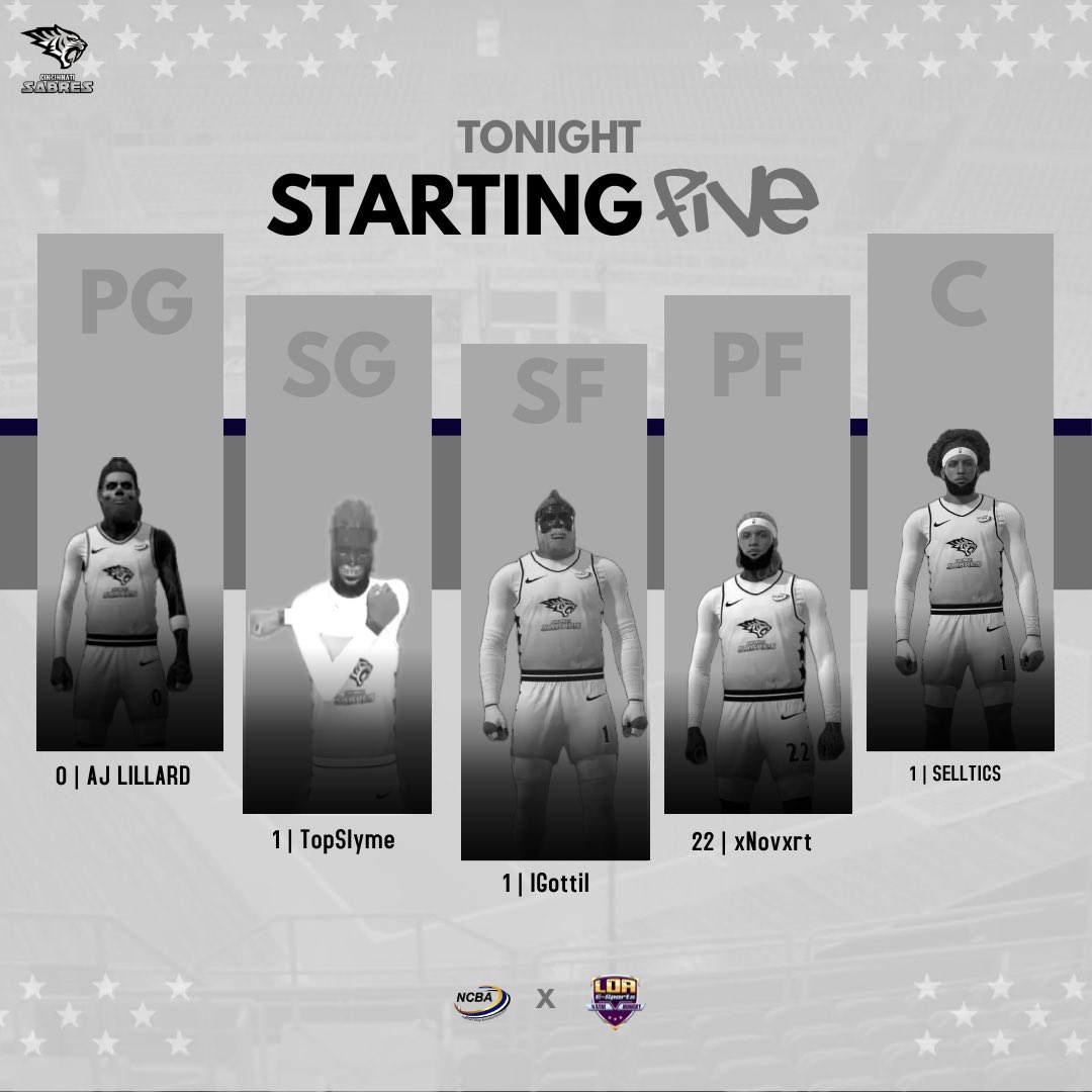 League Of Athletes (@loaesports) on Twitter photo Here’s your starting five for the Sabres ‼️
♟️<a href="/AJL_25/">AJ Lillard</a>
🪣 <a href="/TxpSlime/">𝙏𝙤𝙥𝙎𝙡𝙞𝙢𝙚 aka Top Opp</a>
🔒 <a href="/LgottiL/">Ⓜ️🅱️</a>
🛡️ @xNoVxrt
🐴 <a href="/Sellticss/">Selltics Ҝ†</a>
⏰ 9 PM EST
📺twitch.tv/xSelltics
#NCBAFINALS Here’s your starting five for the Sabres ‼️
♟️<a href="/AJL_25/">AJ Lillard</a>
🪣 <a href="/TxpSlime/">𝙏𝙤𝙥𝙎𝙡𝙞𝙢𝙚 aka Top Opp</a>
🔒 <a href="/LgottiL/">Ⓜ️🅱️</a>
🛡️ @xNoVxrt
🐴 <a href="/Sellticss/">Selltics Ҝ†</a>
⏰ 9 PM EST
📺twitch.tv/xSelltics
#NCBAFINALS