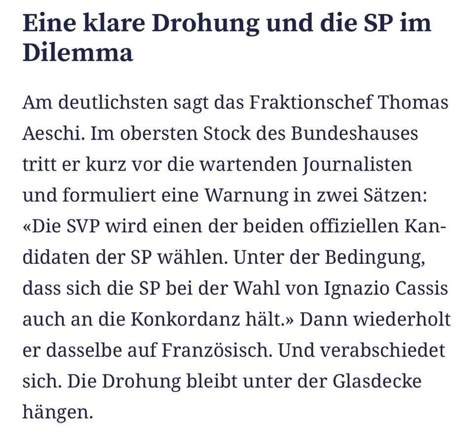 Tim Cuénod (@tcuenod) on Twitter photo Nach dem Theaterdonner absehbares Manöver NR. 1 morgen: in geheimer Wahl wählen 20 SVPler G.Andrey, um bei FDP + Mitte den Eindruck zu erwecken, eine Mehrheit der SP hätte am BR-Stuhl von Ignazio Cassis gesägt. False Flag-Operationen der SVP sind so vorhersehbar und langweilig… Nach dem Theaterdonner absehbares Manöver NR. 1 morgen: in geheimer Wahl wählen 20 SVPler G.Andrey, um bei FDP + Mitte den Eindruck zu erwecken, eine Mehrheit der SP hätte am BR-Stuhl von Ignazio Cassis gesägt. False Flag-Operationen der SVP sind so vorhersehbar und langweilig…
