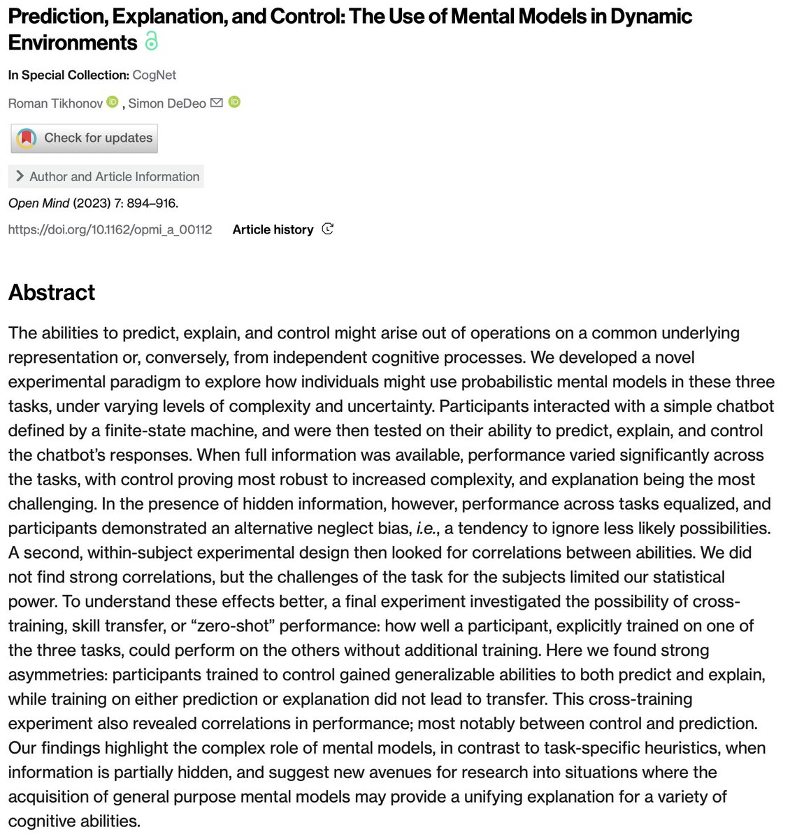 Control is all you need? 

Prediction, explanation, and control are distinct capacities, but <a href="/RVTikhonov/">Roman Tikhonov</a> and I did a series of cross-training to test exactly how they fit together. Now out in <a href="/mitpress/">The MIT Press @mitpress.bsky.social</a>'s Open Mind!
 direct.mit.edu/opmi/article/d…
