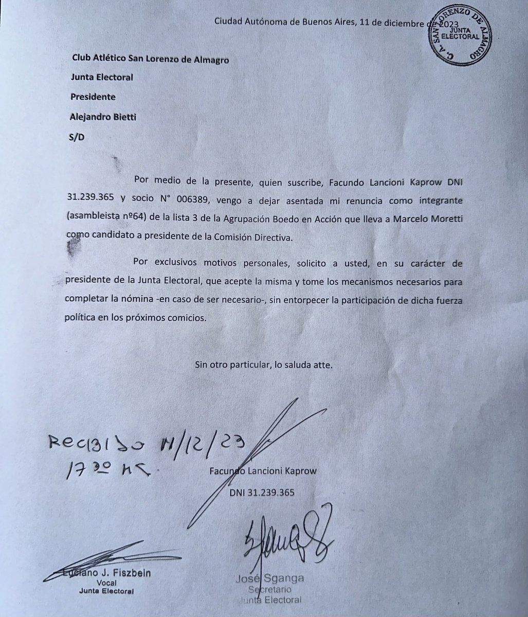 Presenté mi renuncia a la lista de <a href="/Boedo_en_Accion/">Boedo en Accion</a>. 
Estoy convencido que este espacio perdió sentido y no puede potenciar a <a href="/SanLorenzo/">San Lorenzo</a>: seguiré alentando como toda mi vida, deseando que se vengan las buenas.