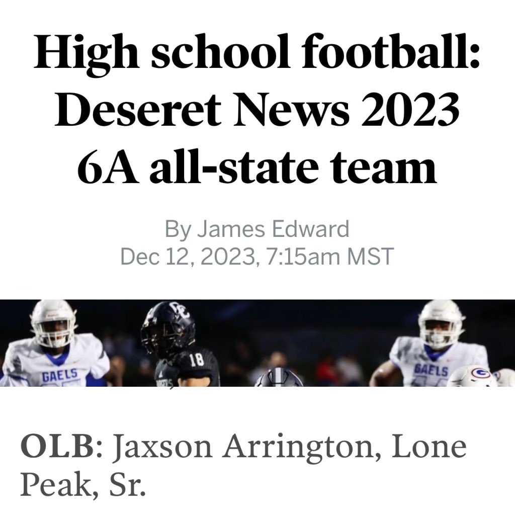 Jaxson Arrington (@arringtonjaxson) on Twitter photo Very thankful and honored to be named to Utah 6A All-State 2nd team! Thank you to all my coaches and trainers who got me to where I am today.
<a href="/LPKnightsFB/">Lone Peak Knight Football</a> <a href="/jmaybs09/">COACH MAYBERRY (strength doc)</a> <a href="/Penny_1/">Jordan Pendleton</a> <a href="/BartBrockbank/">Bart Brockbank</a> <a href="/RossApoWR_EZ/">Ross Apo🇹🇴</a> Very thankful and honored to be named to Utah 6A All-State 2nd team! Thank you to all my coaches and trainers who got me to where I am today.
<a href="/LPKnightsFB/">Lone Peak Knight Football</a> <a href="/jmaybs09/">COACH MAYBERRY (strength doc)</a> <a href="/Penny_1/">Jordan Pendleton</a> <a href="/BartBrockbank/">Bart Brockbank</a> <a href="/RossApoWR_EZ/">Ross Apo🇹🇴</a>