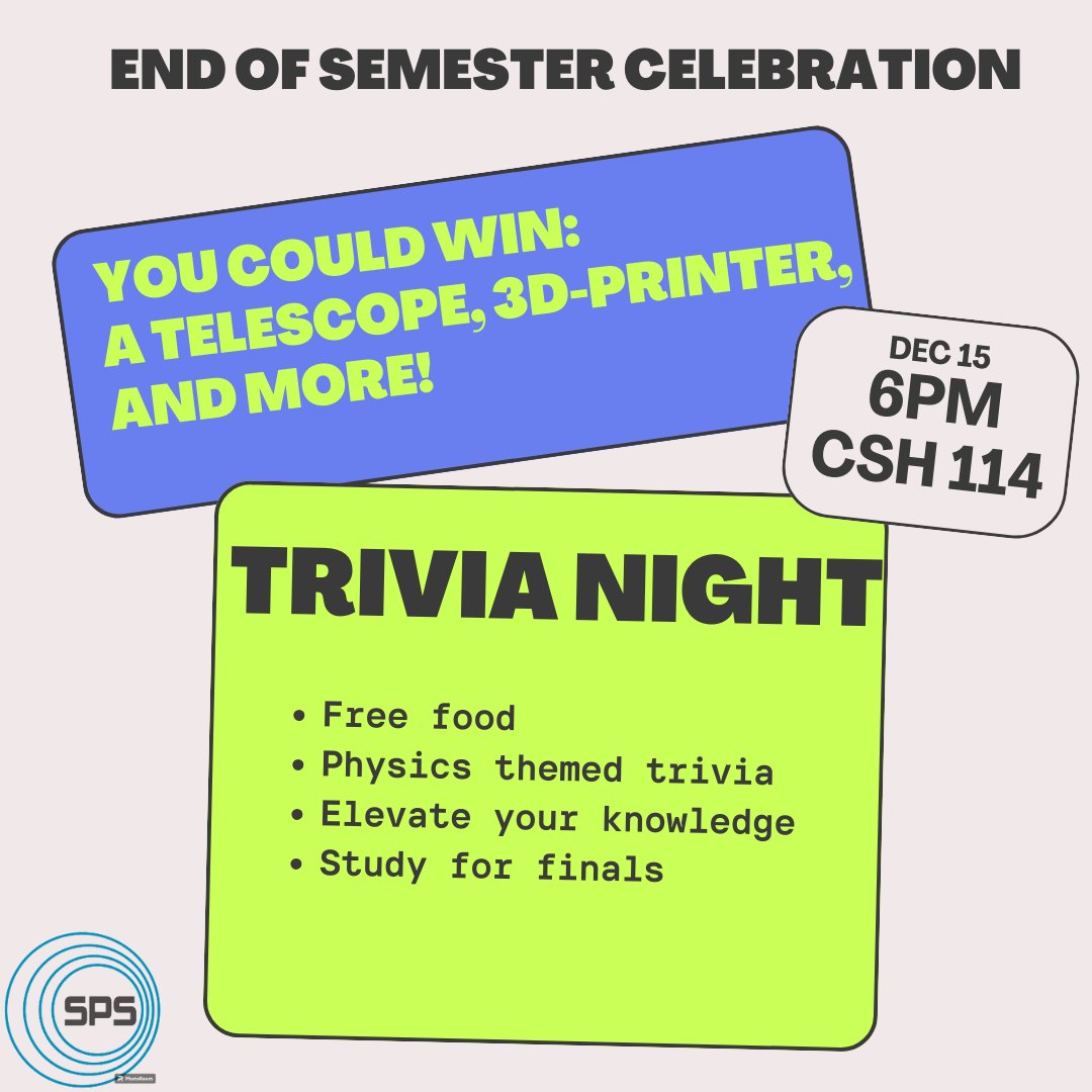 University of Wisconsin - River Falls (@uwrf_sps) on Twitter photo SPS Trivia Night is taking place on Friday, December 15th. Join us at 6:00pm in Centennial Science Hall for an evening of free food, physics trivia, and a chance to win  one of the fabulous prizes which include Telescopes and 3-D Printers SPS Trivia Night is taking place on Friday, December 15th. Join us at 6:00pm in Centennial Science Hall for an evening of free food, physics trivia, and a chance to win  one of the fabulous prizes which include Telescopes and 3-D Printers