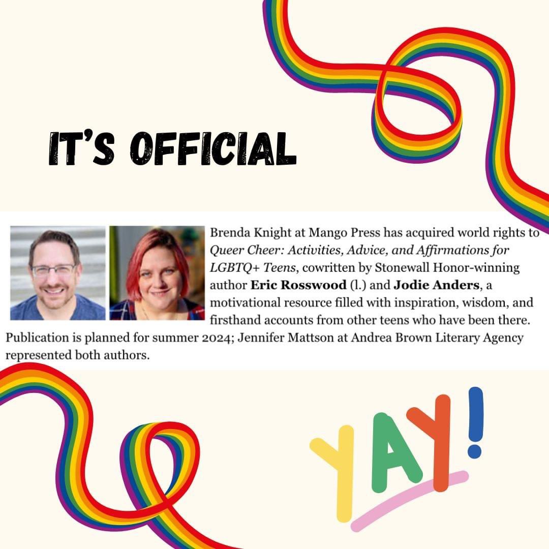 It’s official! @JodieLeaAnders and I have a book coming out! QUEER CHEER: Activities, Advice, and Affirmations for LGBTQ+ Teens. With so much negativity constantly being thrown around, we could all use a little #QueerCheer! Can’t wait to share it with you all! 😊🏳️‍🌈🏳️‍⚧️❤️