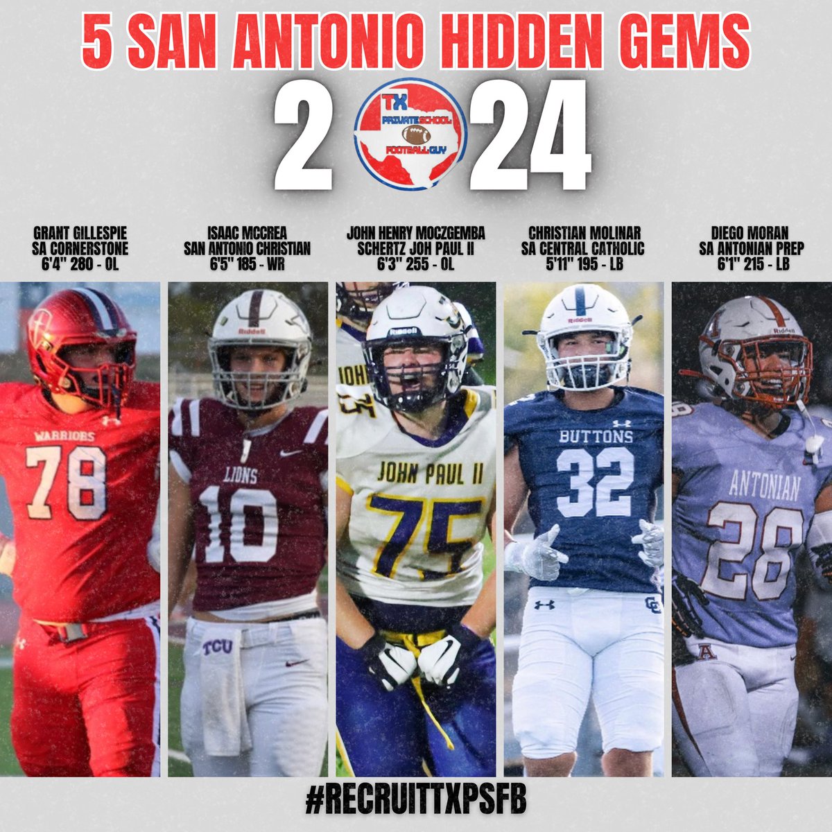 Texas Private School Football (@txprivatefbguy) on Twitter photo 🚨 5 TXPSFB Class of 2024 Hidden Gems in San Antonio 🚨
As we inch closer to signing day, there is still a lot of great talent available for college programs here in TXPSFB.
Here are players that will instantly make your program better!
<a href="/GrantG_77/">Grant Gillespie</a>
<a href="/JHMooch/">John Henry Moczygemba</a>
<a href="/CMolinar24/">Christian Molinar</a> 🚨 5 TXPSFB Class of 2024 Hidden Gems in San Antonio 🚨
As we inch closer to signing day, there is still a lot of great talent available for college programs here in TXPSFB.
Here are players that will instantly make your program better!
<a href="/GrantG_77/">Grant Gillespie</a>
<a href="/JHMooch/">John Henry Moczygemba</a>
<a href="/CMolinar24/">Christian Molinar</a>