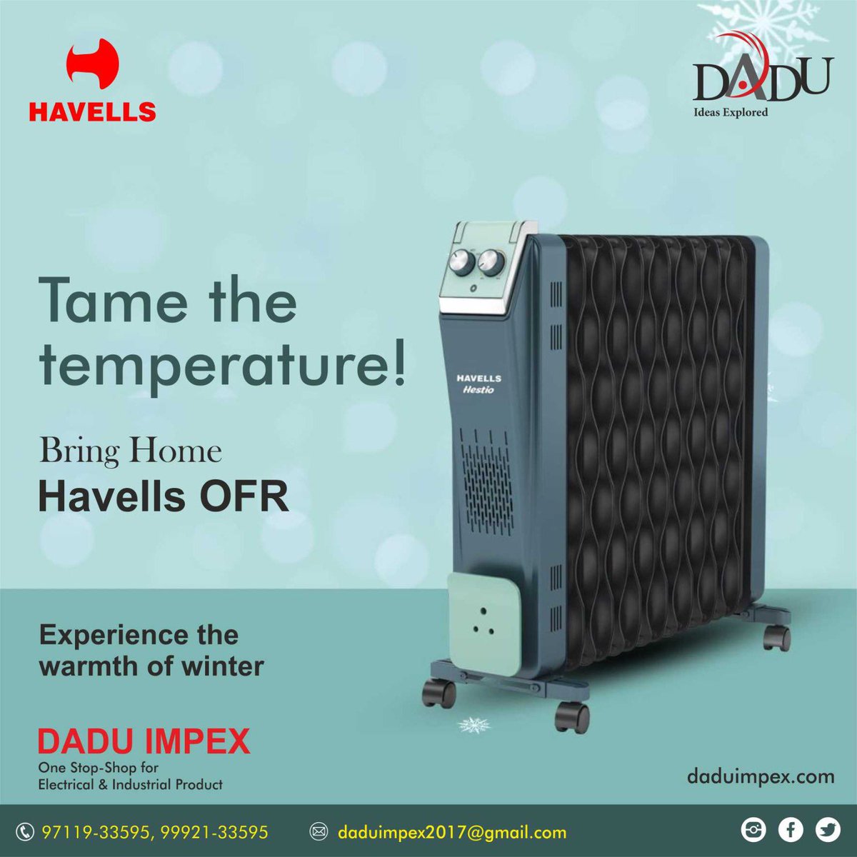 Warm up your space with Havells’s Room Heaters-combining comfort and safety in every cozy corner!

#Havells #RoomHeaters #Winter2023 #StayWarm #SafeHeating #DaduImpex #India #NothIndia #OilHeater #Heater