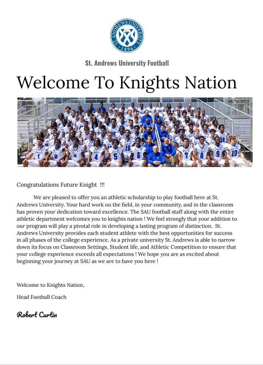 #AGTG Feeling blessed to announce that I have received my first official offer to play college football at St. Andrews University. Big thanks to Coach Fredericks @Coachfrederick5 #GOKNIGHTS ⚫️🔵⚪️ @pinecreek_fb @JBernstine @GroundupSP @PrepRedzoneCO @NationalPID @StAndrewsFB