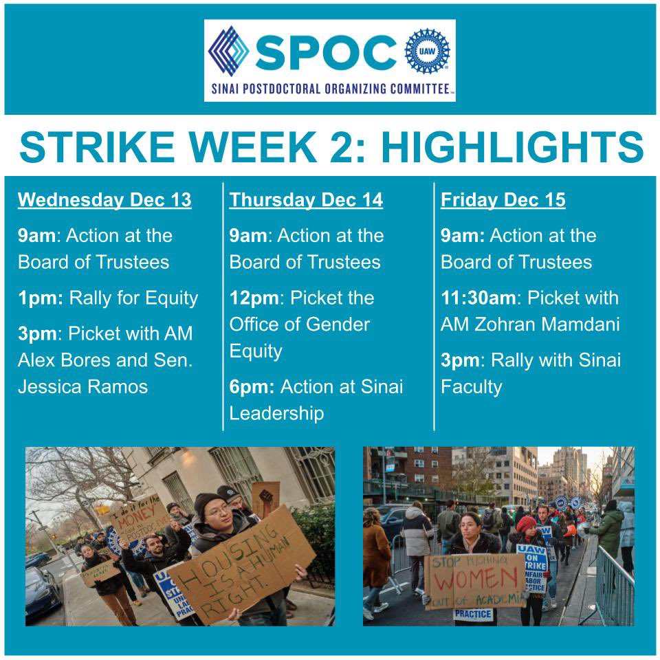 Sinai Postdoctoral Organizing Committee-UAW (@spocuaw) on Twitter photo Our schedule for Strike Week 2!
🌅From 9am-1pm we'll be engaging community allies and urging <a href="/IcahnMountSinai/">Icahn School of Medicine at Mount Sinai</a> leadership to bargain in good faith.
🌆Then, come out to the picket line 1pm-5pm for the afternoon picket shift. Our schedule for Strike Week 2!
🌅From 9am-1pm we'll be engaging community allies and urging <a href="/IcahnMountSinai/">Icahn School of Medicine at Mount Sinai</a> leadership to bargain in good faith.
🌆Then, come out to the picket line 1pm-5pm for the afternoon picket shift.