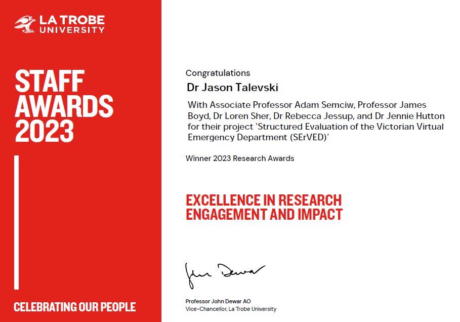 WOW! So appreciative to receive the @latrobe University Staff Award for 'Excellence in #Research #Engagement and #Impact 😆🙌🥳🎉 Honoured to be a part of the #VirtualED team at @northernhealth_ who are amazing clinician researchers & continue to strive for the best patient care!