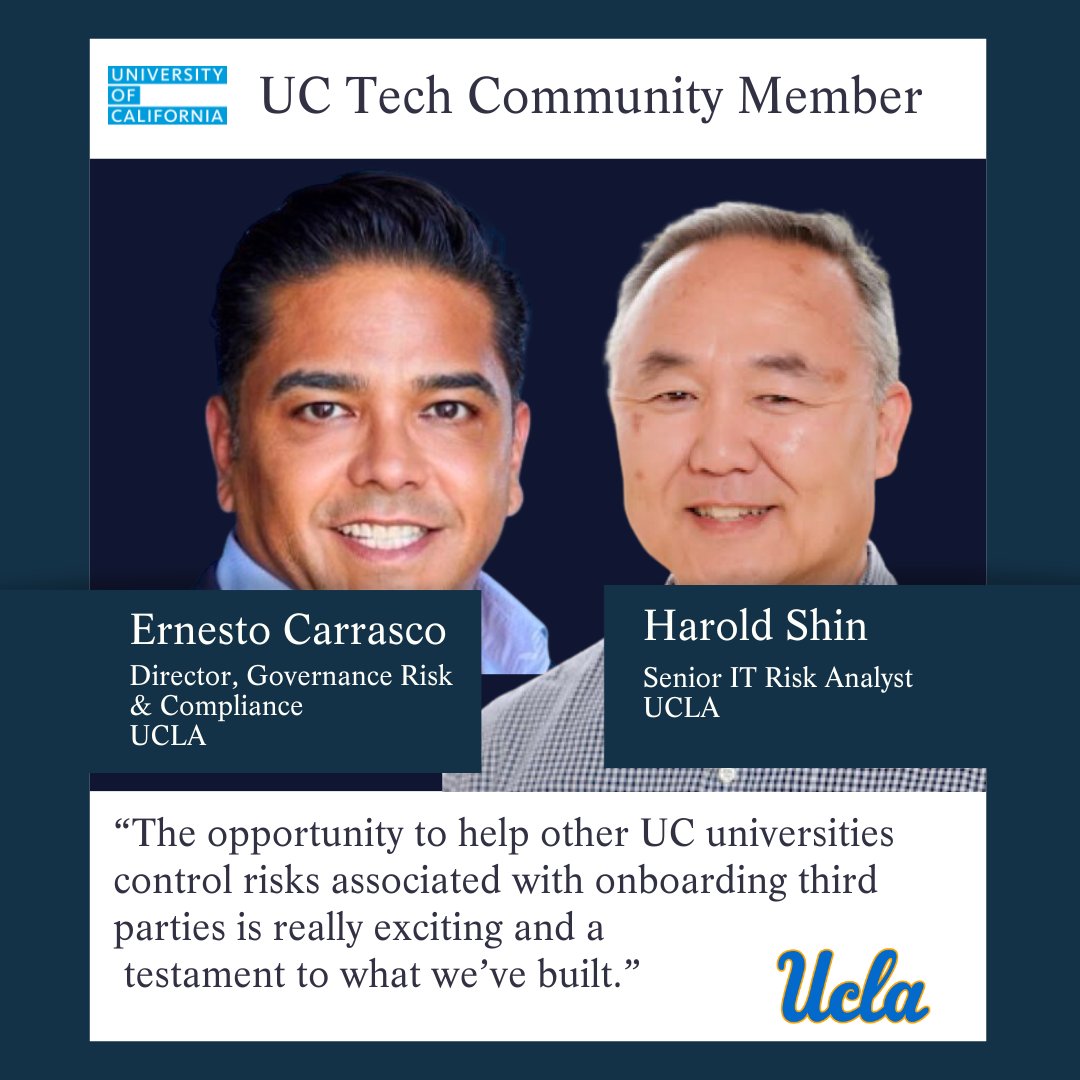 Ernesto Carrasco and Harold Shin recently shared the story behind their project, “Managing Vendor Risk One Triage at a Time,” which won a 2023 UC Tech Design Silver Award, along with their career journeys and work in IT today. Read more here: cio.ucop.edu/ernesto-carras…