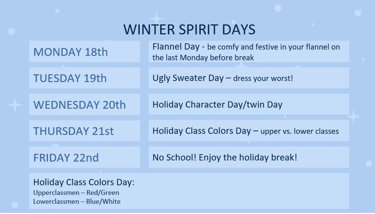 PatuxentHSCCPS's tweet photo. Winter break is right around the corner Pax Nation! Let’s have some fun next week! https://t.co/o1y6mh7oCf