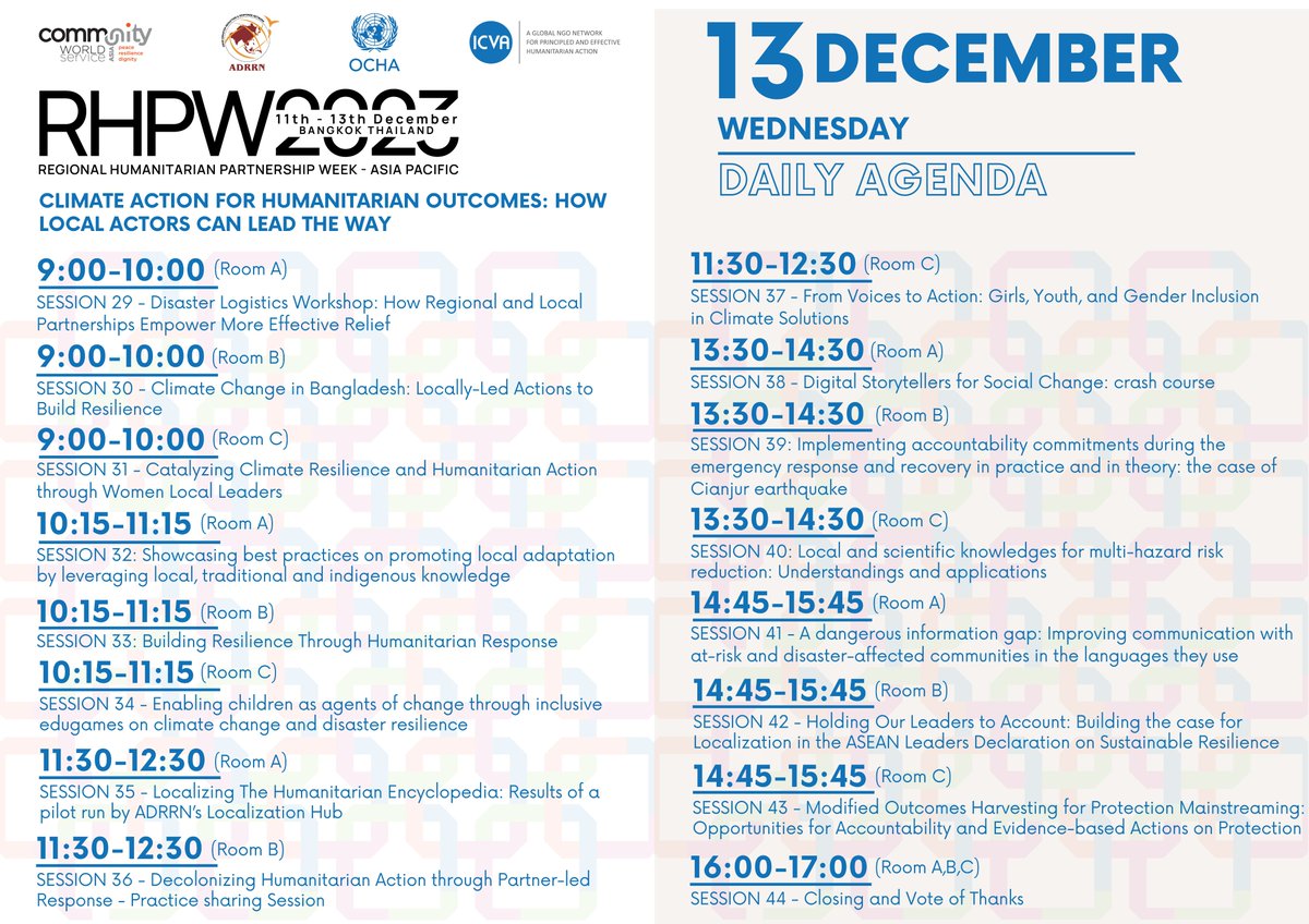 Today is the last day of #RHPW2023. There are 16 sessions to highlight today's theme on 'Climate Action for Humanitarian Outcomes: How Local Actors Can Lead the Way'. Join the sessions and have an insightful discussion! #humanitarianpartnerships #asiapacific #ClimateAction