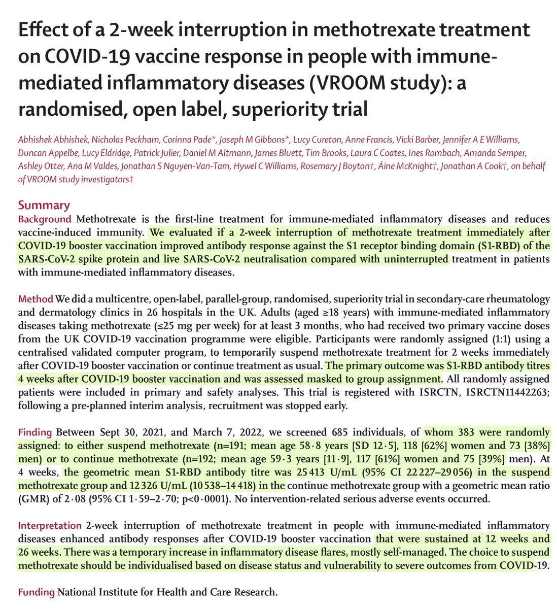 For people with autoimmune conditions, a 2-week hold off methotrexate led to a much better and longer Covid vaccine induced neutralizing antibody response
thelancet.com/journals/lanrh…