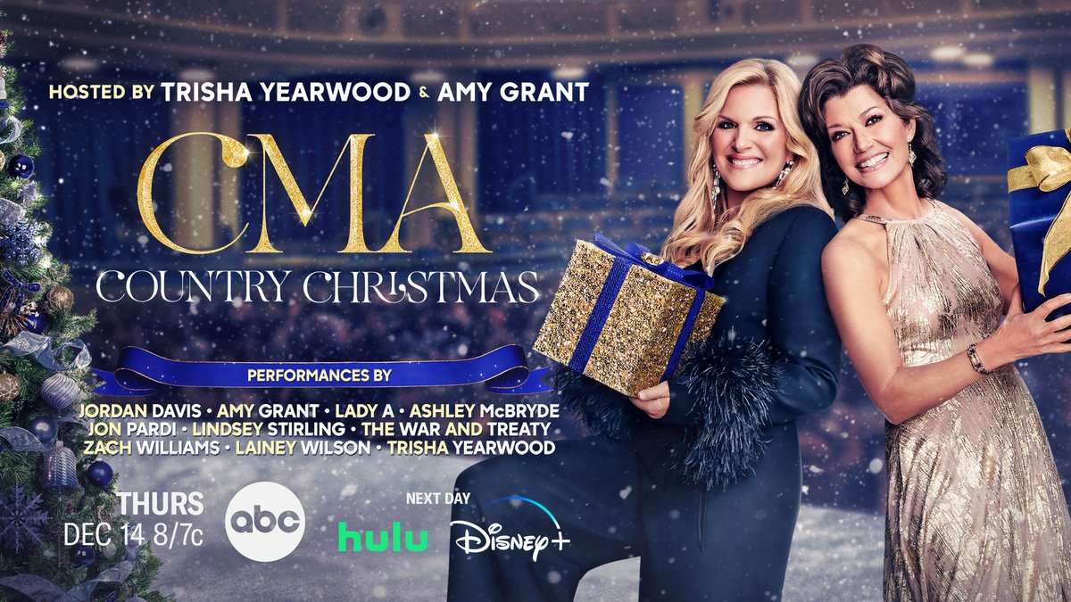 t's the most wonderful time of the year! @TrishaYearwood and @AmyGrant host 
#CMAchristmas Thursday, Dec. 14th at 8/7c on @ABCNetwork! See performances by @JordanCWDavis, @AshleyMcBryde, @LaineyWilson, @JonPardi, and MORE!