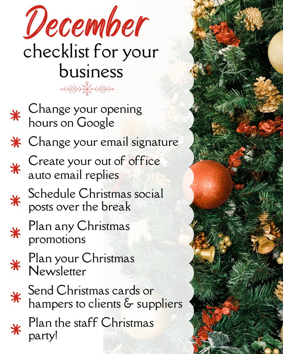 Silly Season is upon us! 🎄

This time of year can be very busy for businesses getting organised to close for the holiday period. It can be hard to keep track of everything you have to do! 

We've got you 😉

#BusinessChecklist #ChristmasChecklist