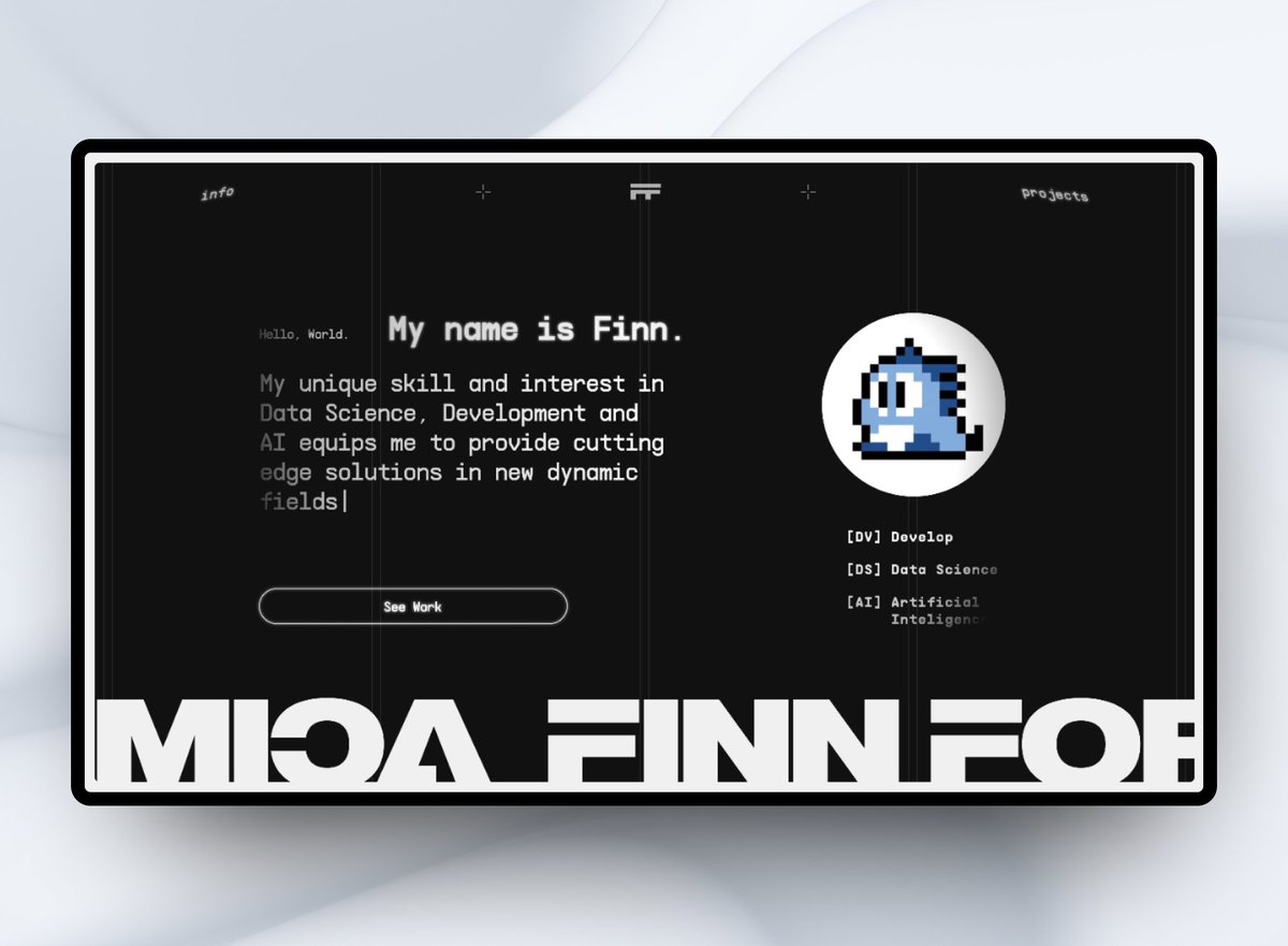 aswinsync's tweet image. Created this landing page design for the innovative Finn Formica! 

Integrated some fun dynamic sections that highlight his skills in Data Engineering, Data Governance, AI, Machine Learning, Blockchain, and Analytics.