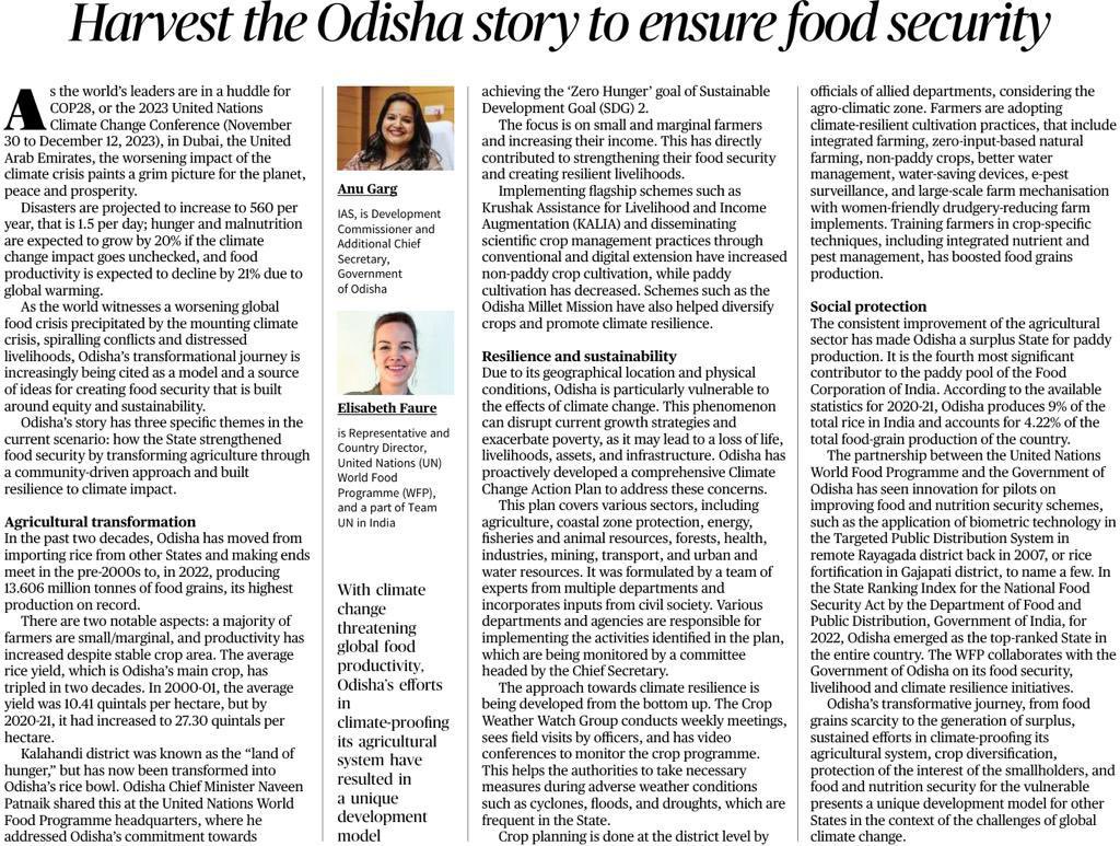 In The Hindu, 12.12.23 - Harvesting the Odisha Story to ensure food security.