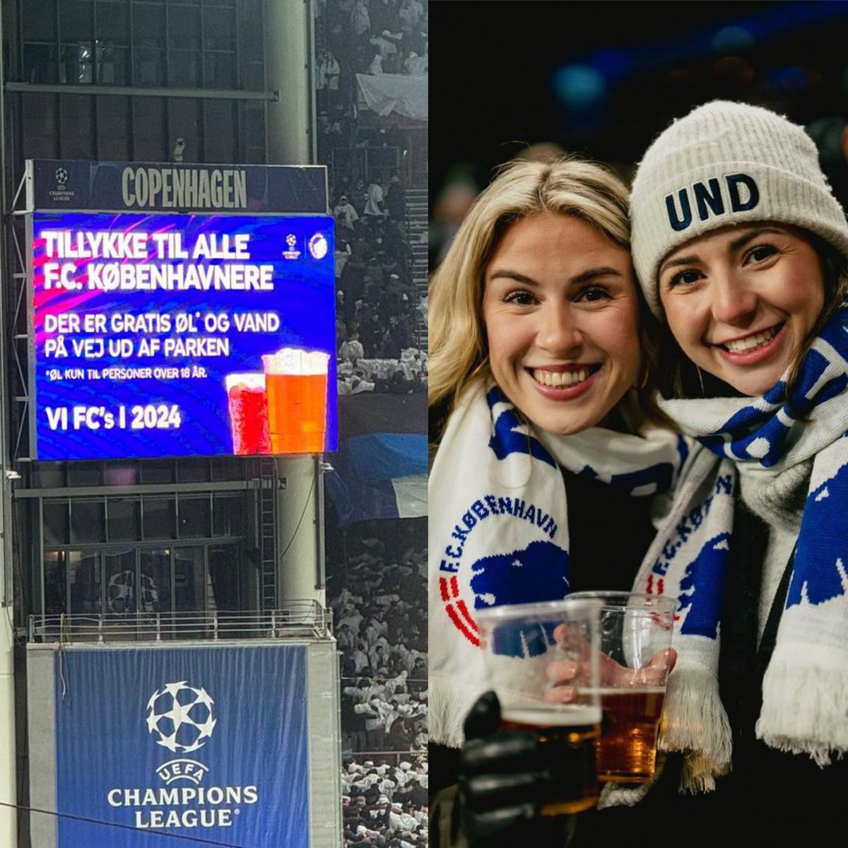 Copenhague clasificó a octavos de Champions League tras 13 años, al vencer al Galatasaray. Al finalizar el partido, en las pantallas del estadio, se anunció cerveza gratis para todos los hinchas, para celebrar. ¿Copenhague? Tu club, mi club. Hermoso.