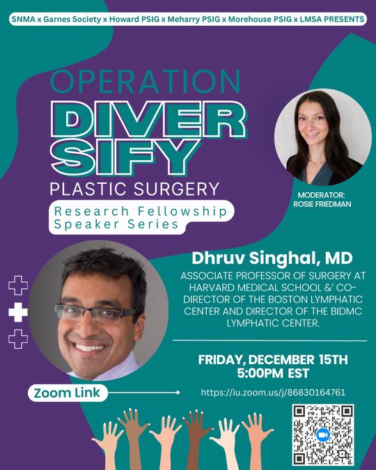 Operation Diversify Plastic Surgery (@diversifyprs) on Twitter photo RESEARCH FELLOWSHIP SPEAKER SERIES 4
Join us Friday, Dec 15th at 5pm EST for another amazing event featuring the incredible <a href="/DrDhruvSinghal/">Dr. Dhruv Singhal</a> from <a href="/HarvardPlastics/">Harvard_Plastic_Surg</a>! Learn more about his research fellowship at <a href="/bidmcharvardprs/">BIDMC Harvard Plastic Surgery</a>!
Moderated by current fellow <a href="/RosieFriedwoman/">Rosie Friedman</a> RESEARCH FELLOWSHIP SPEAKER SERIES 4
Join us Friday, Dec 15th at 5pm EST for another amazing event featuring the incredible <a href="/DrDhruvSinghal/">Dr. Dhruv Singhal</a> from <a href="/HarvardPlastics/">Harvard_Plastic_Surg</a>! Learn more about his research fellowship at <a href="/bidmcharvardprs/">BIDMC Harvard Plastic Surgery</a>!
Moderated by current fellow <a href="/RosieFriedwoman/">Rosie Friedman</a>