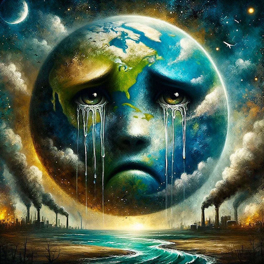 The Earth's tears fall silently into polluted oceans and skies, a poignant reminder of the environmental distress we've caused.
#SaveOurPlanet #EnvironmentalCrisis #PollutionCrisis #SaveOurEarth