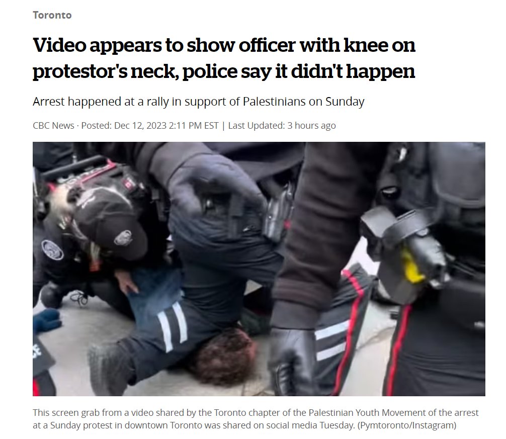 mattpuddister's tweet image. Pathetic headline. The video doesn't "appear to show" an officer with a knee on the protester's neck; that's exactly what it shows. Toronto police are blatantly lying. The screen grab proves they're lying. But CBC News can't bring itself to point this out. #cdnmediafailed