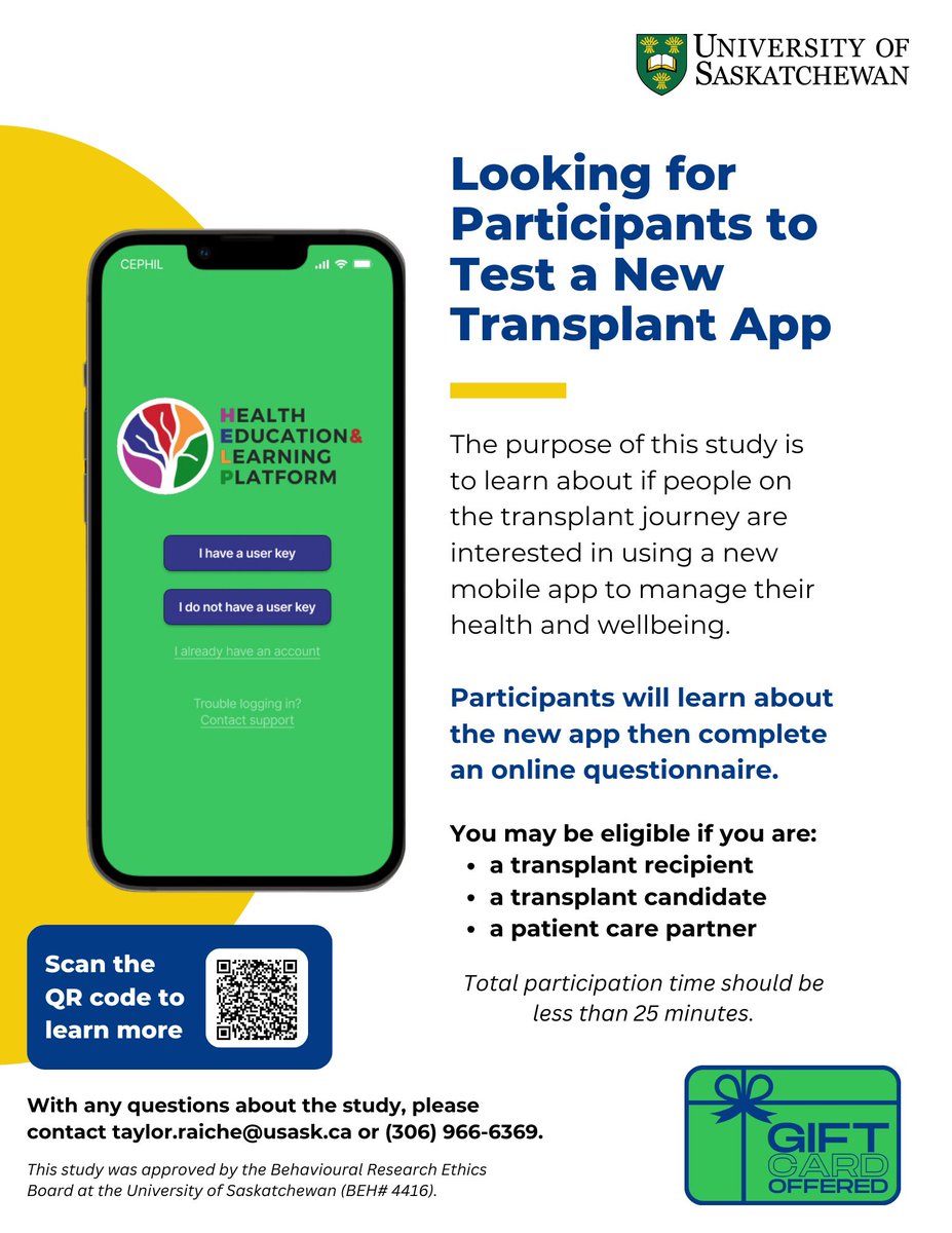 I’ve helped co-design this project as a patient partner. We are looking for transplant recipients, transplant candidates and caregivers to check out the app and then complete a short online questionnaire by either scanning the QR CODE or clicking this link redcap.usask.ca/redcap/surveys…