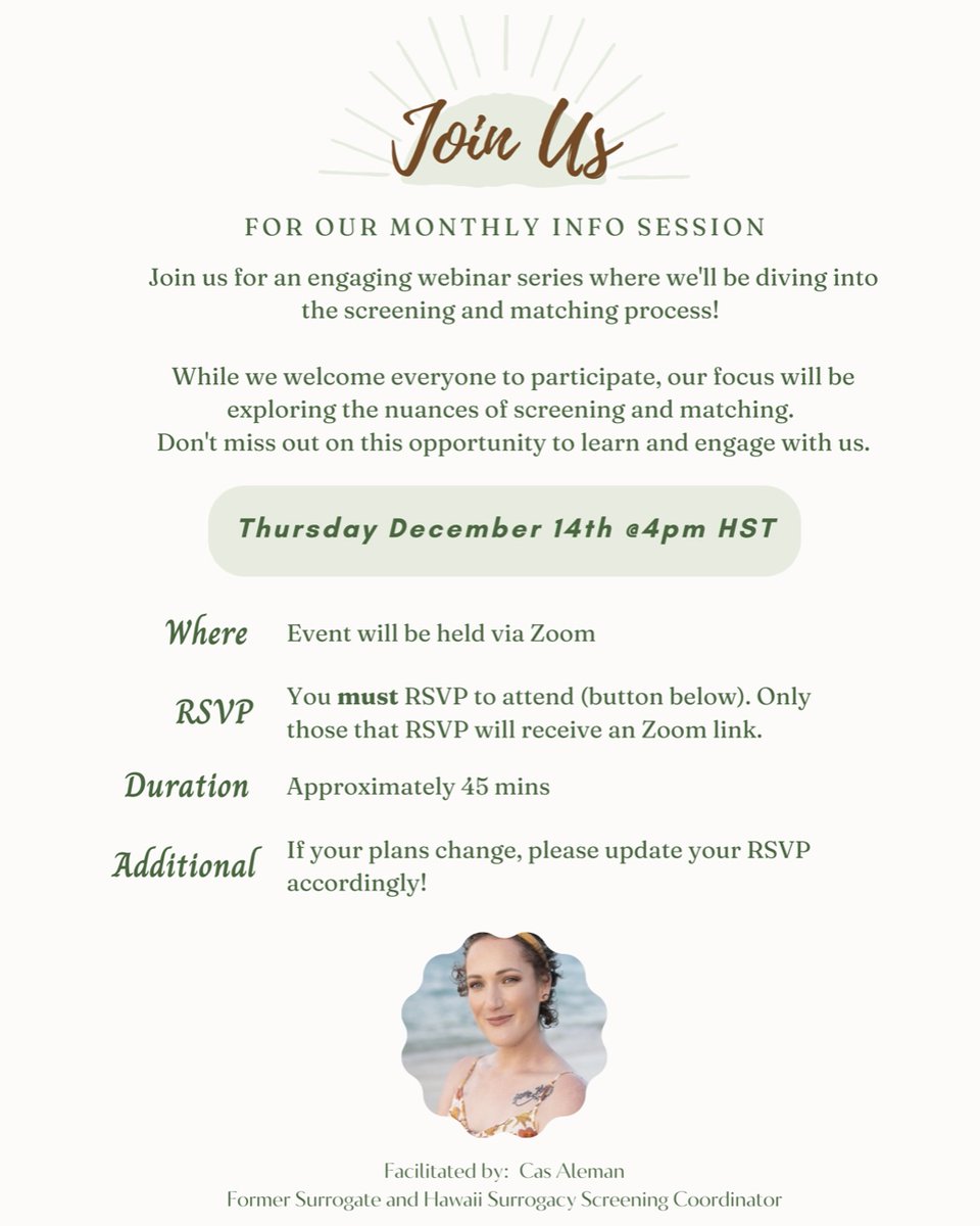 🚨 If you are currently in the application screening process with Hawaii Surrogacy Center, we invite you to join us for our webinar this Thursday! 🚨 Check your emails from us, and make sure to RSVP using the link at the bottom of this email. 

We hope to see you there!
