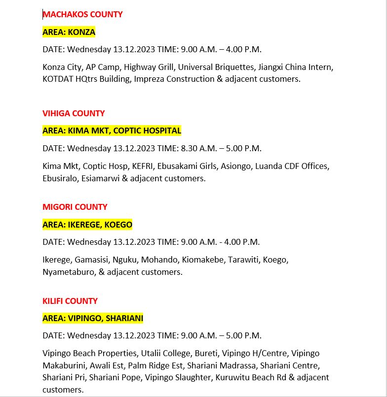 KenyaPower_Care's tweet photo. Good morning.
These areas are scheduled for power interruptions to carry out network maintenance. ^MO https://t.co/ttvnwhFZ4x