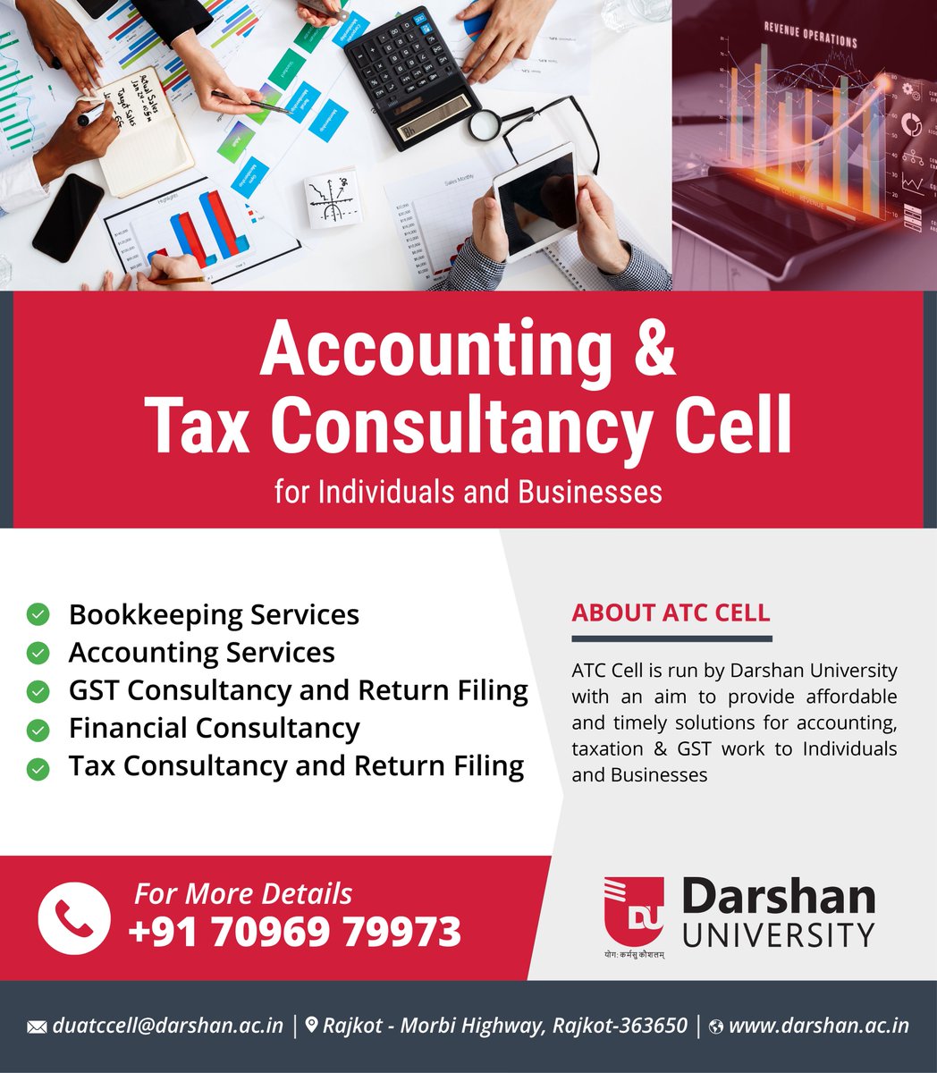 DarshanUniv's tweet photo. Darshan University has started Accounting and Tax Consultancy Cell to provide affordable and timely solutions for Accounting, Taxation & GST work. For more details, please call on the number in the image.
#DarshanUniversity #ATC #accounting #tax #consultancy #gstwork #gst https://t.co/1lnIpeMpoD