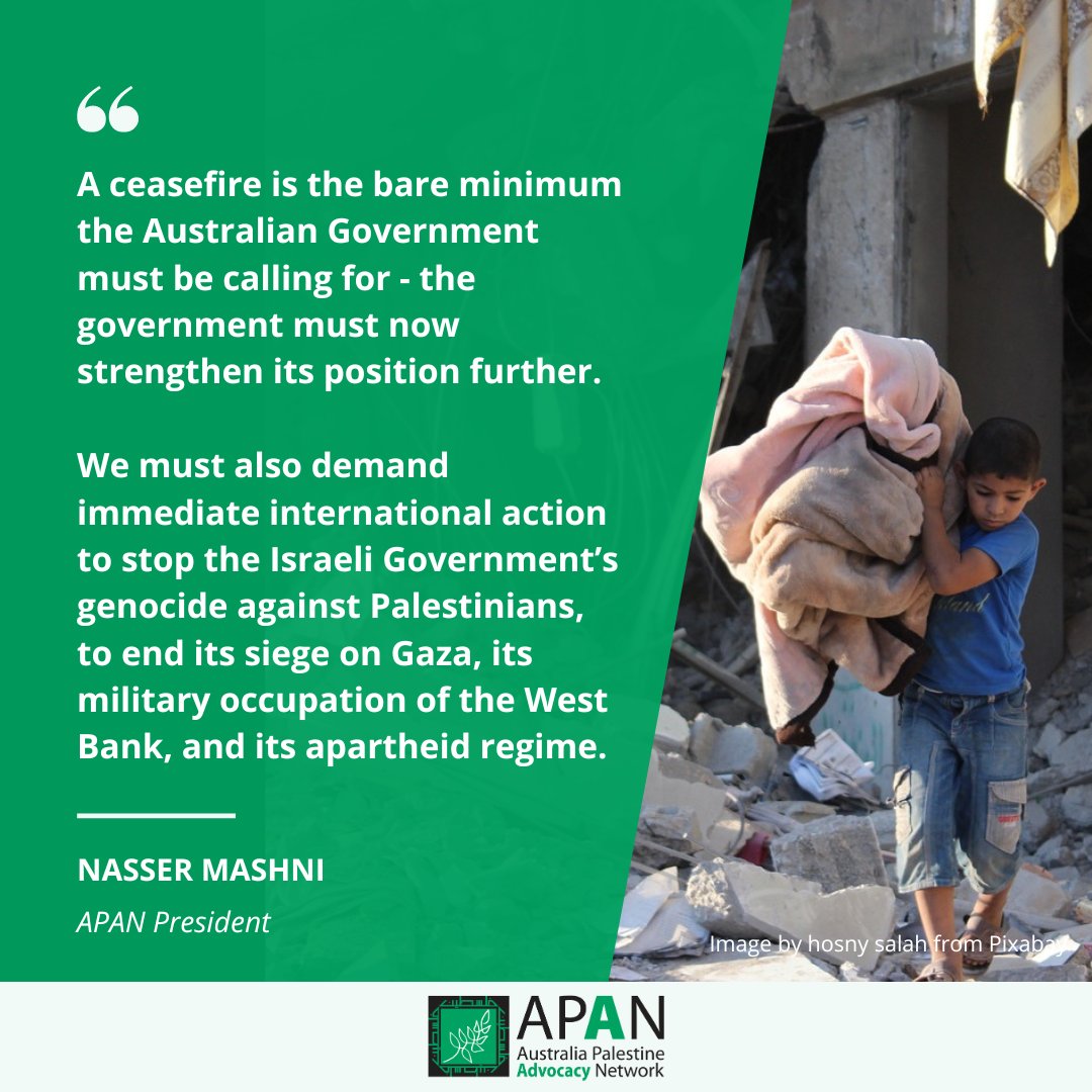 Australia's calls for a ceasefire are a step in the right direction, but the government must also demand an end to Israel's genocide of Palestinians, its siege on Gaza, its military occupation of the West Bank, and its apartheid regime. Read more - apan.org.au/media.../austr…