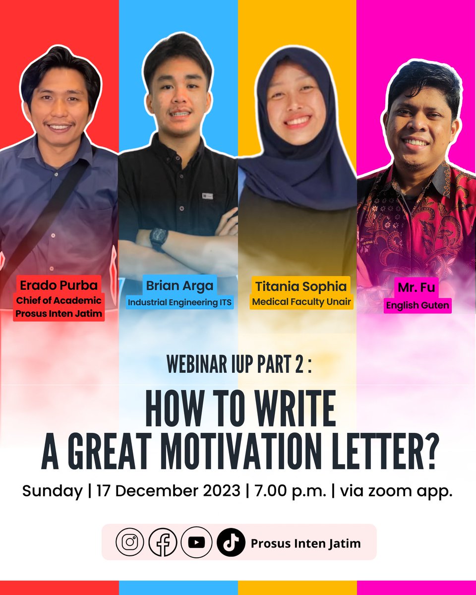 Hallo, Fellas ✨✨
Thanks for your happiness at our IUP class, we still have a lot to explore on Januari to May 2024. So stay tune and keep your vibes on‼️
Next, we will learn about how to write a great motivation letter as Uni's requirement that will be shared to you at webinar.
