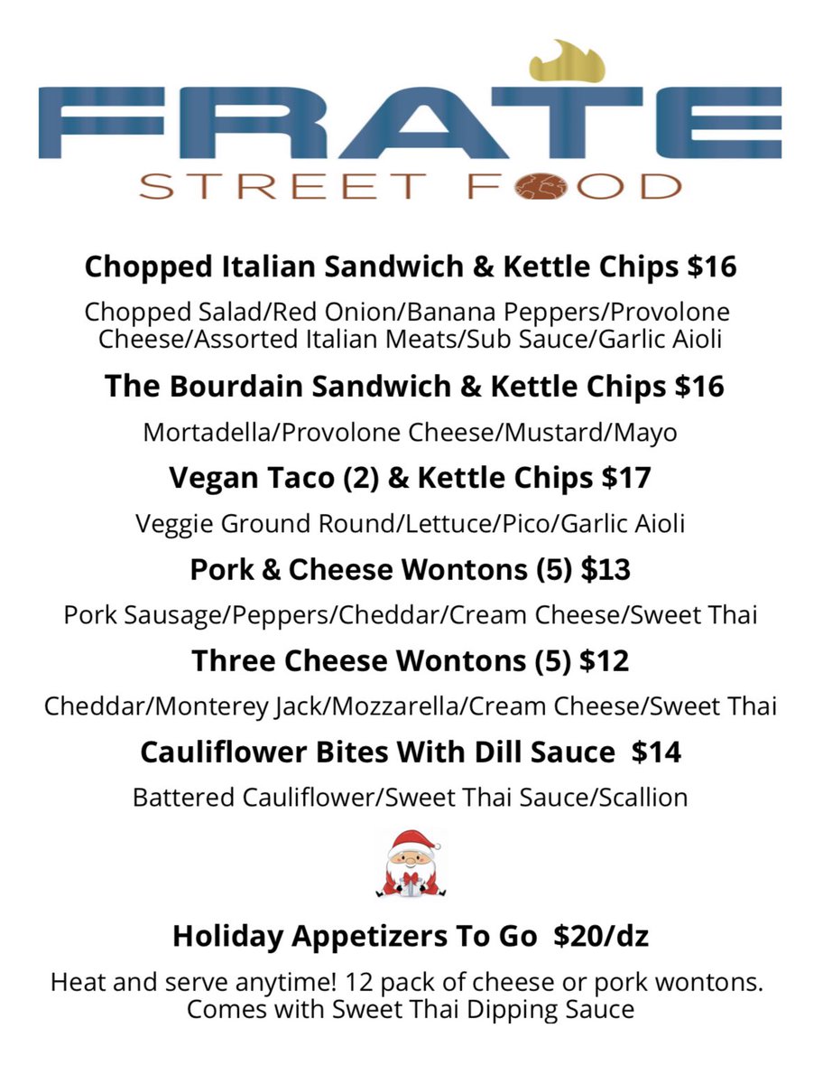 ⁉️😋WHAT ARE WE EATING THIS WEEKEND?!😋⁉️
FRATE Street Food is back this weekend with a whole new delicious menu! Take a look at this menu, but we warn you: if you look, you may not be able to resist trying one item (or many!). 
See you this weekend!👋
