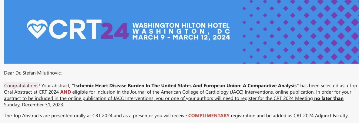 #CardioTwitter Our study has been accepted as one of the Top Abstracts at #CRT24 meeting. See you in Washington DC next year! 🫀

@CRT_meeting @JACCJournals @Lee_Health