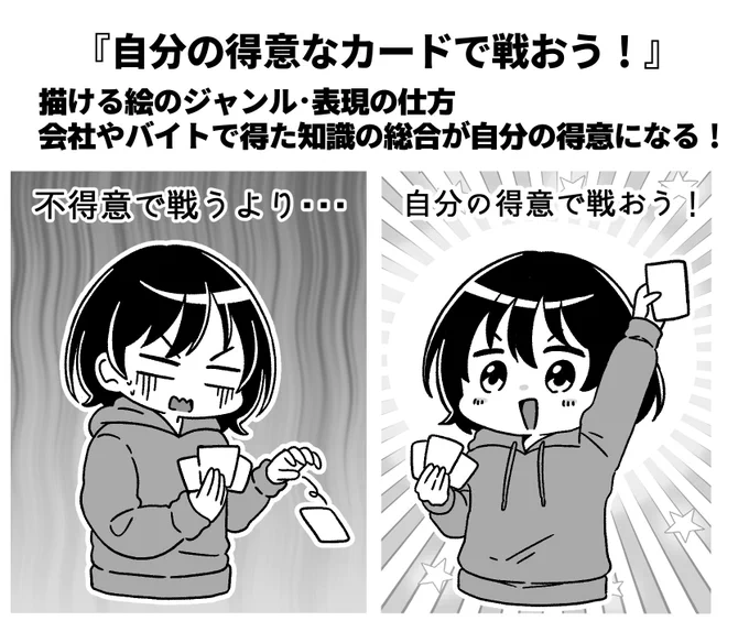 【得意と不得意を知る!】  漫画や絵を描く仕事にも、 色々なジャンルがあるので、 自分の得意・不得意を把握していきましょう!  自分の特性を知って、 得意なカードを増やしていくのが 重要です✨  ちなみに 私が不得意😭なことは…  ・書き込みが多く豪華なイラストを描く ・トレンドに乗った漫画やイラストを描く ・エンタメ的なストーリー漫画を作る ・色気のある男女を描く ・自分の好きを詰め込んだものを描く ・個性のある絵を描く  私が得意😆なことは…  ・難しい説明を漫画やイラストで表現する ・クセがないイラストを描く ・言語化したり図にする ・色々なテイストに寄せて絵を描く ・組み合わせで表現を増やす ・ごちゃついた情報を整理する ・ヒアリングしてまとめる  自分を知ることで 不得意を無理にやろうとしなくなるし、 得意を伸ばして行動できるようになりますよ☺️✨