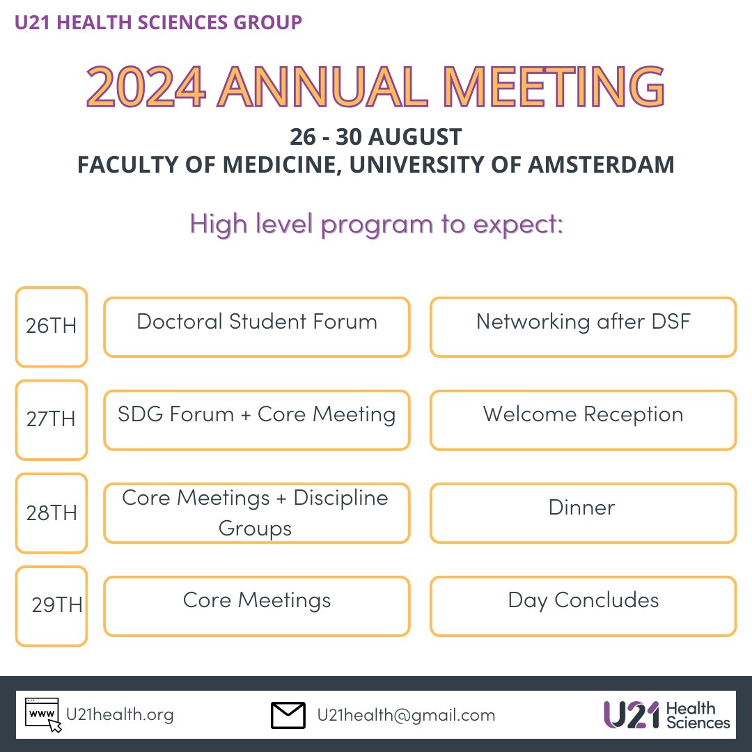 We aim to provide a high-level preliminary program of the 2024 Annual Meeting in January! An exciting program with topics relevant to all Discipline Groups, as well as interdisciplinary sessions on Data Driven Health Care and Teaching is being planned! Stay tuned! #U21health