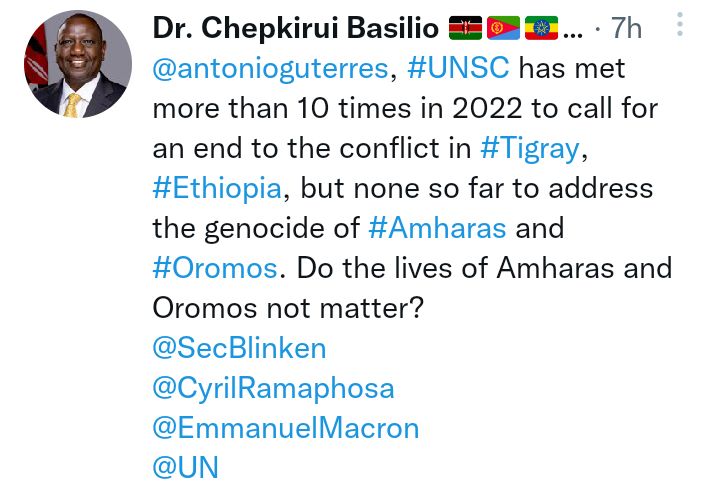 This Twitter page insults Ethiopia twenty-four hours a day with the photo of the honorable President of Kenya on his profile. It is very shameful.  Kenyans and Ethiopian should condemn such rascals.
@AbiyAhmedAli @WilliamsRuto @dailynation_KE @assebpress1 @StateHouseKenya