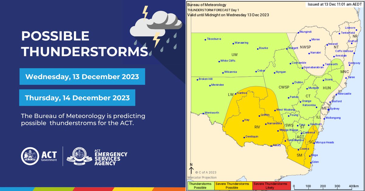 Heads up Canberra, it's possible we could see thunderstorms in the Canberra region on Wednesday and Thursday.

<a href="/BOM_ACT/">Bureau of Meteorology Australian Capital Territory</a> and ACT Emergency Services Agency is closely monitoring the weather situation.

We know that some properties may have outstanding damage from last Friday's