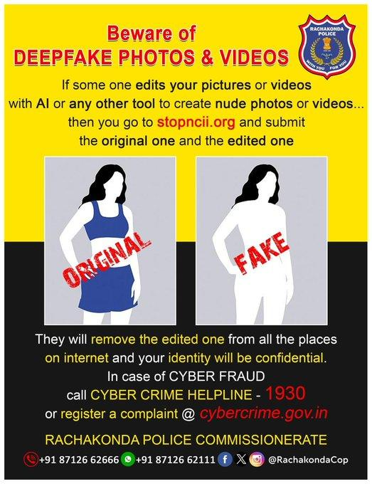 #Becautious of #DeepFake #technology. If someone edits your #pictures or #videos with #AI or any other tool to create inappropriate content, immediately #report such incidents at stopncii.org or cyber crime helpline at 1930.

#AIFraud #AITechnology #DeepfakeFraud