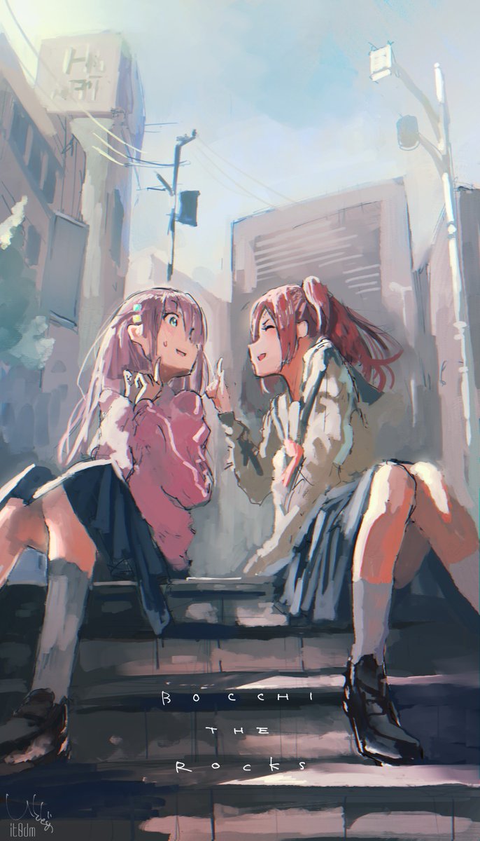 gotoh hitori ,gotou hitori ,kita ikuyo multiple girls 2girls pink hair sitting skirt stairs school uniform  illustration images