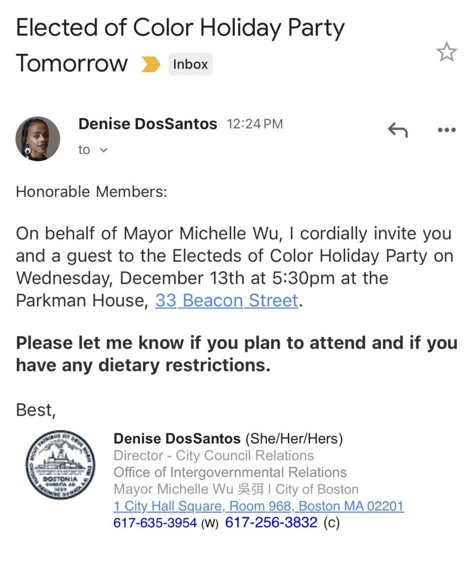 SirEdwardCoyle's tweet photo. While it may seem impossible for Mayor Michelle Wu to be any more #woke or #divisive, here's her city hall hack mistakenly inviting all #Boston politicians and staff to her Holiday Party. But whoops! White folks evidently aren't allowed! #bospoli #racist #segregation @EndWokeness https://t.co/V2l96oJmfc