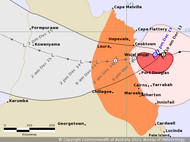 🌀Latest Cyclone Track Map issued. Jasper is now a category 2 cyclone, destructive wind gusts to 140km/hr are possible in the vicinity of the crossing area this afternoon and early evening. Heavy to intense rainfall developing overnight. bom.gov.au/products/IDQ65…