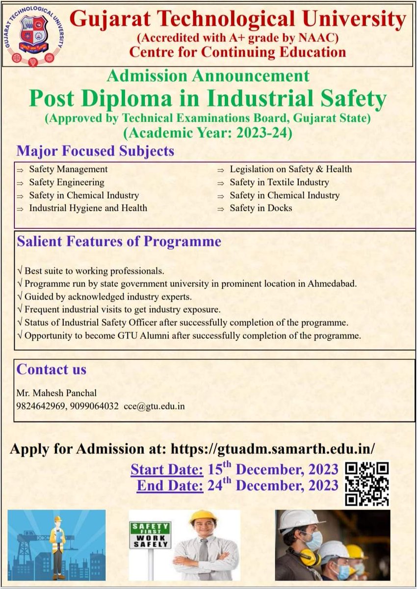 Admission Announcement Poste Diploma in Industry Safety #GTU