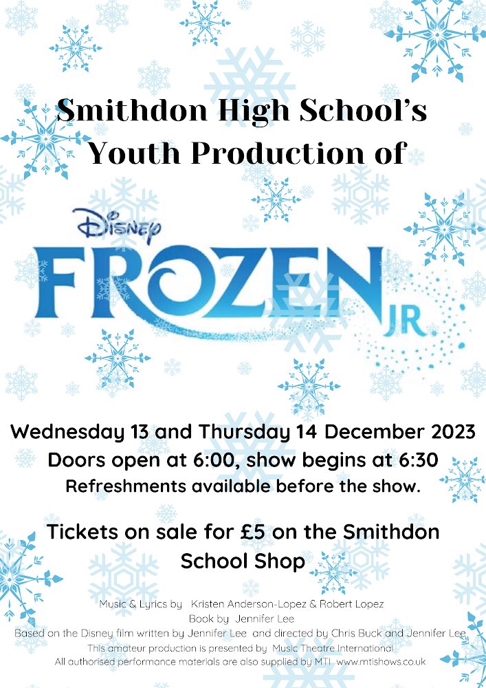 It is show day today and it is not to late to get your tickets,  they are available on the Smithdon shop on our website or at the door via card.  We can't wait to see you there! #frozen #performance #CountdownToChristmas