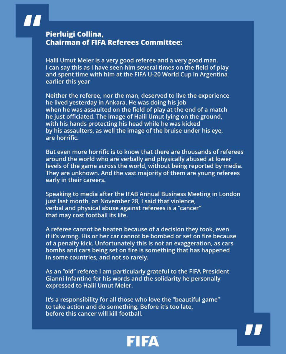 Statement from Pierluigi Collina, Chairman of FIFA Referees Committee, on the abuse of referees in football ⬇️