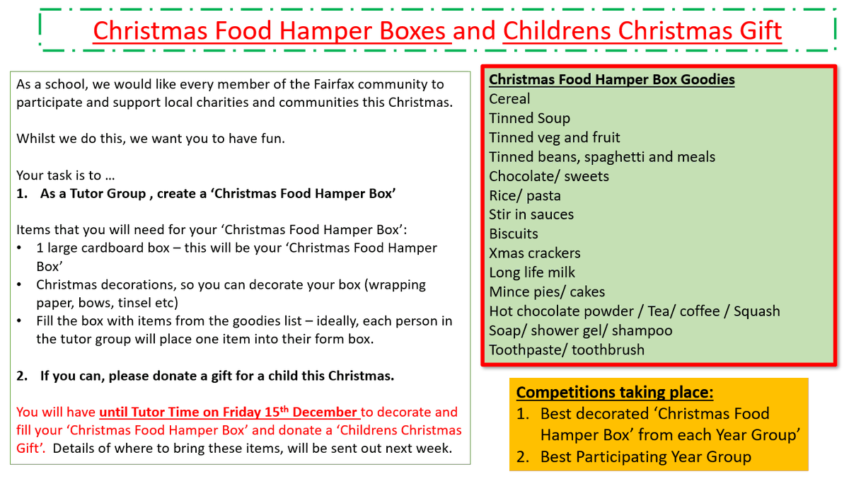 Tis the season of giving and spreading joy, <a href="/FairfaxSchool/">Fairfax School</a> would like to support local charities in our communities this Christmas. If you would like to donate items for the Christmas food hamper box, please see the details below 👇
<a href="/FFaxPrincipal/">Sean Castle</a> 

#SeasonOfGiving #Christmas