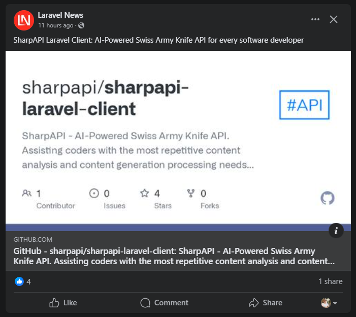 SharpAPI's tweet image. We're so proud of being noticed within #Laravel Community! Thank you a lot @laravelnews !
We promise to build the best Plug&Play Laravel AI tools in our power!
#SharpAPI #AI #API #LaravelNews