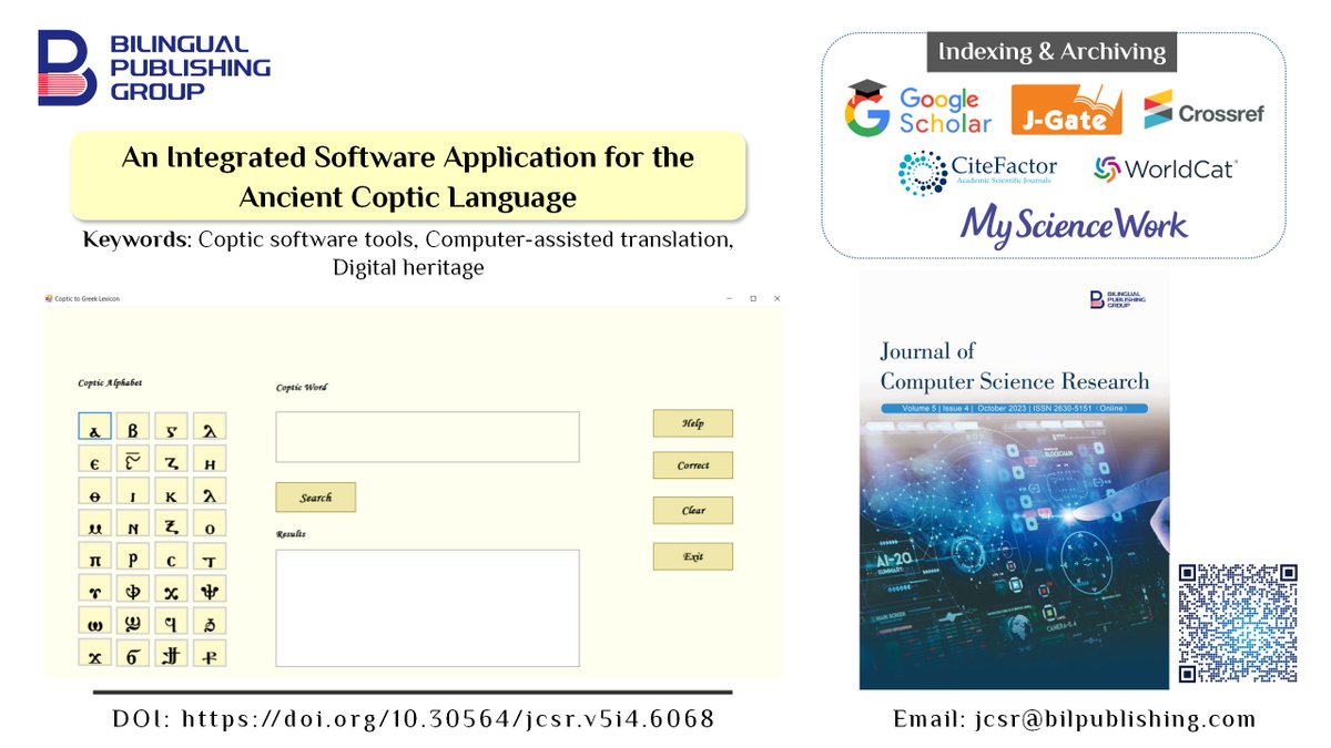jcsr_Editorial's tweet image. ☘️An Integrated Software Application for the Ancient Coptic Language
DOI:doi.org/10.30564/jcsr.…